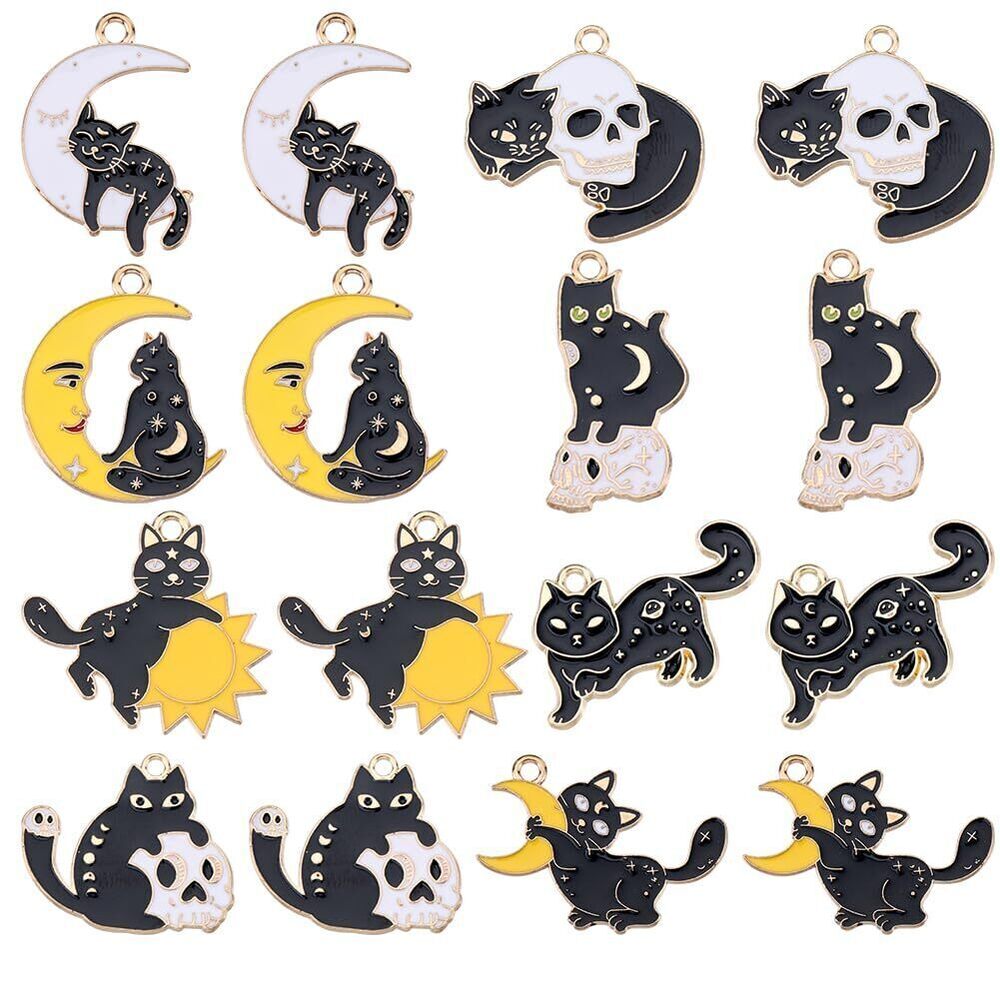 2740 1 Box 32Pcs 8 Styles Halloween Charms Bulk Black Cat Charms Gothic